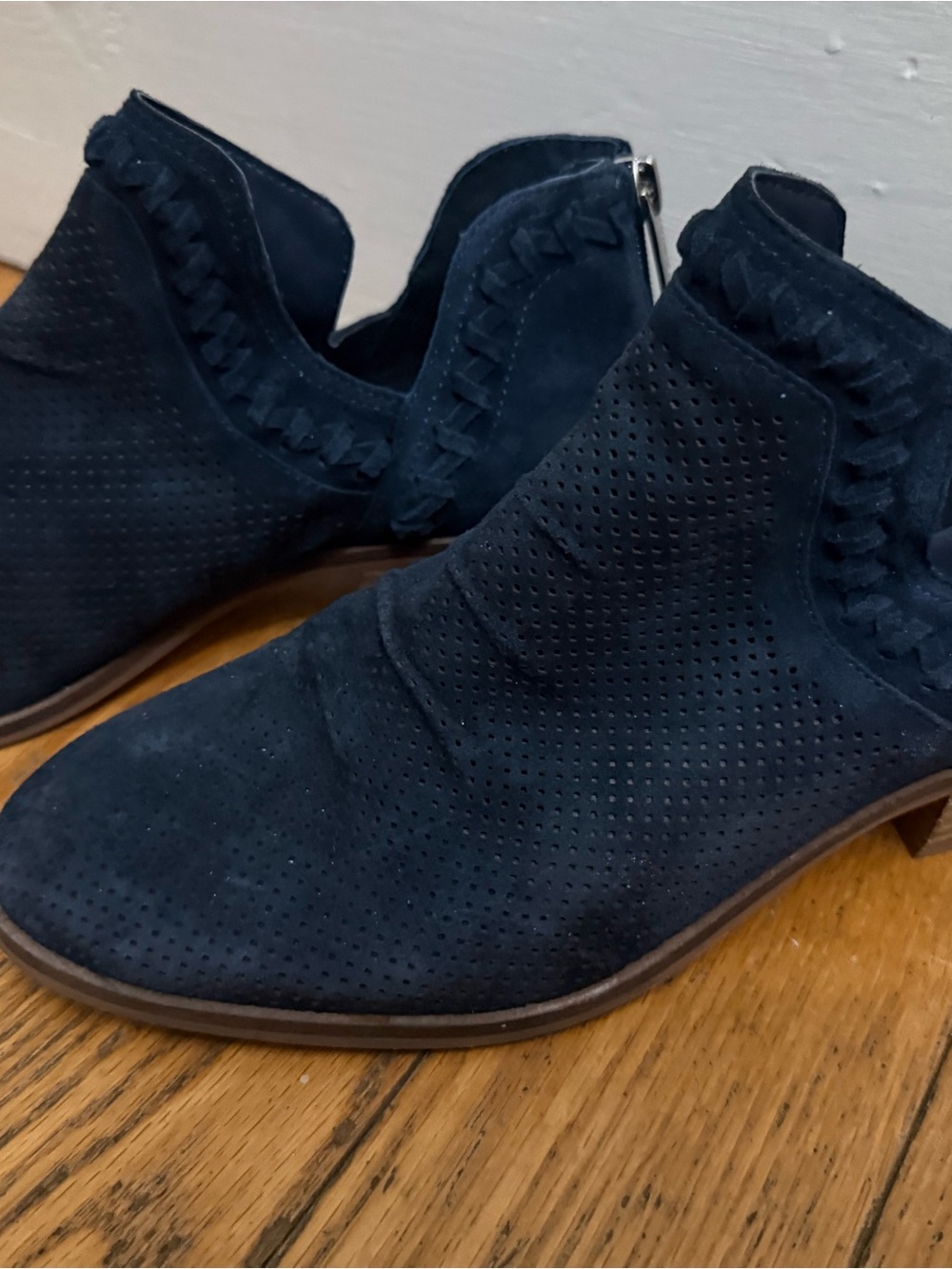 Vince Camuto Navy Suede Perforated Ankle Booties with Ruffle Trim